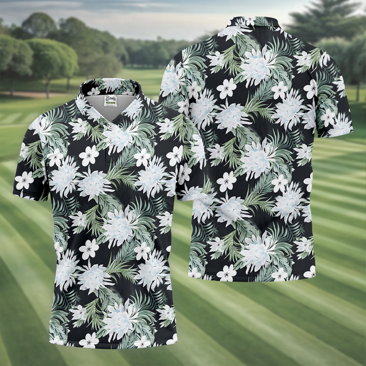 White Flower Tropical Hawaiian Vibe Golf Tops For Men, Golf Shirts For Men, Golf Gift For Men