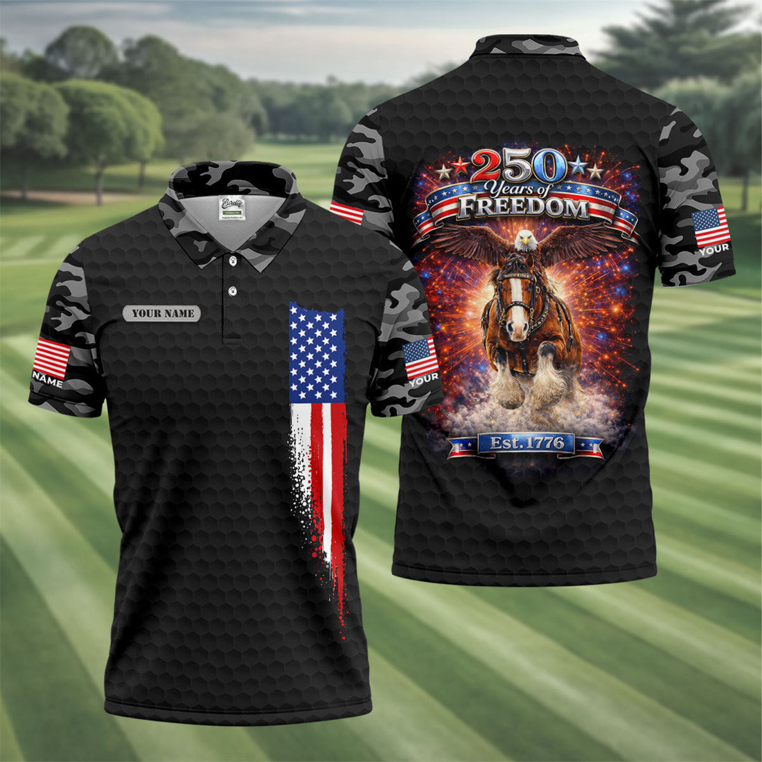 250 Years Of Freedom Black Camo Patriotic Golf Shirt, 4th Of July Golf Shirts For Men