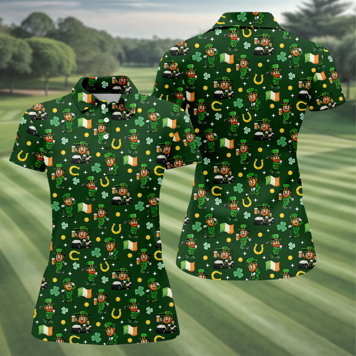 St Patrick's Day Leprechaun Golf Pose Irish Flags Shamrock Golf Shirt, Women's Golf Shirts, Ladies Golf Polos