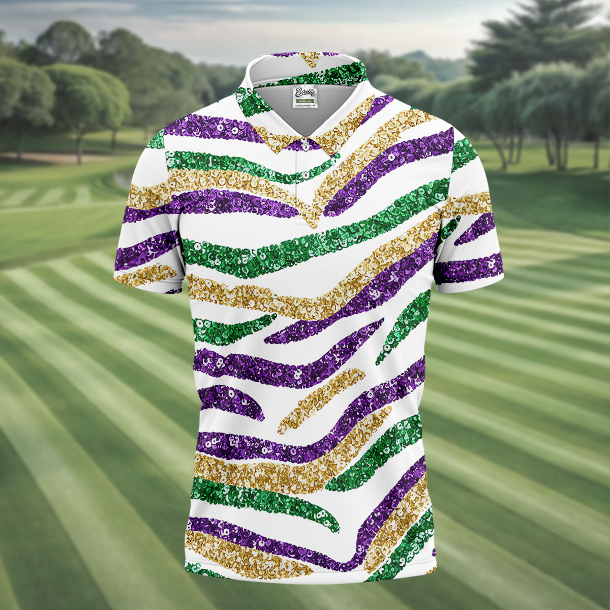 Purple Green Gold Sequin Pattern White Mardi Gras Golf Shirt, Polo ShirtFor Men, Golf Shirts For Men