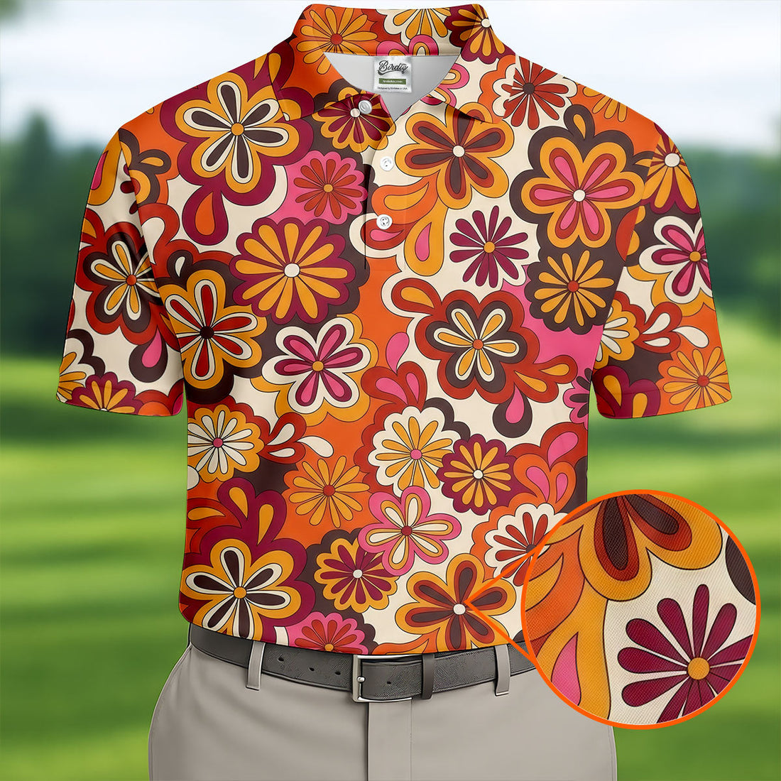 Retro Floral Pattern 70s Color Golf Tops For Men, Retro Golf Shirt, Golf Shirts For Men, Polo ShirtFor Men