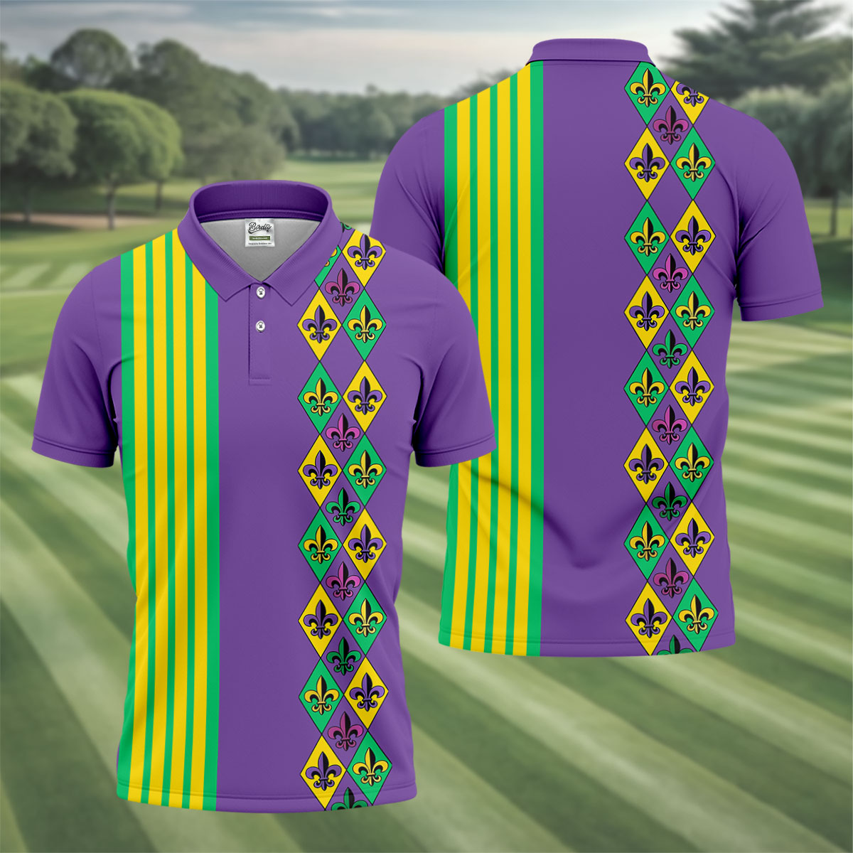 Fleur De Lis Argyle Pattern Purple Green Gold Stripes Golf Tops For Men, Polo ShirtFor Men, Golf Shirts For Men