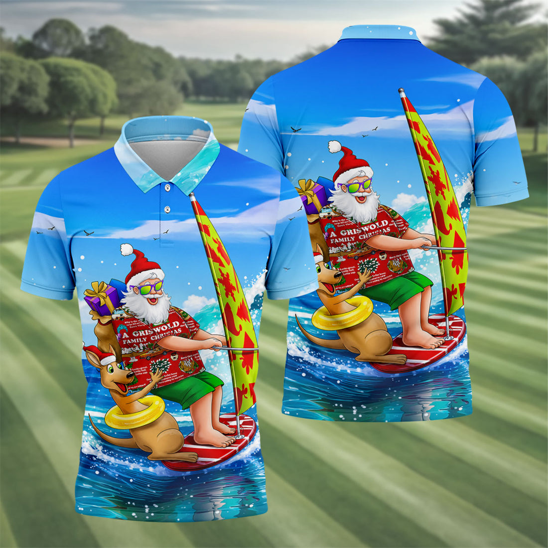 Santa And Reindeer Beach Surfing Christmas Golf Shirt, Men's Golf Shirt, Hawaiian Golf Shirt