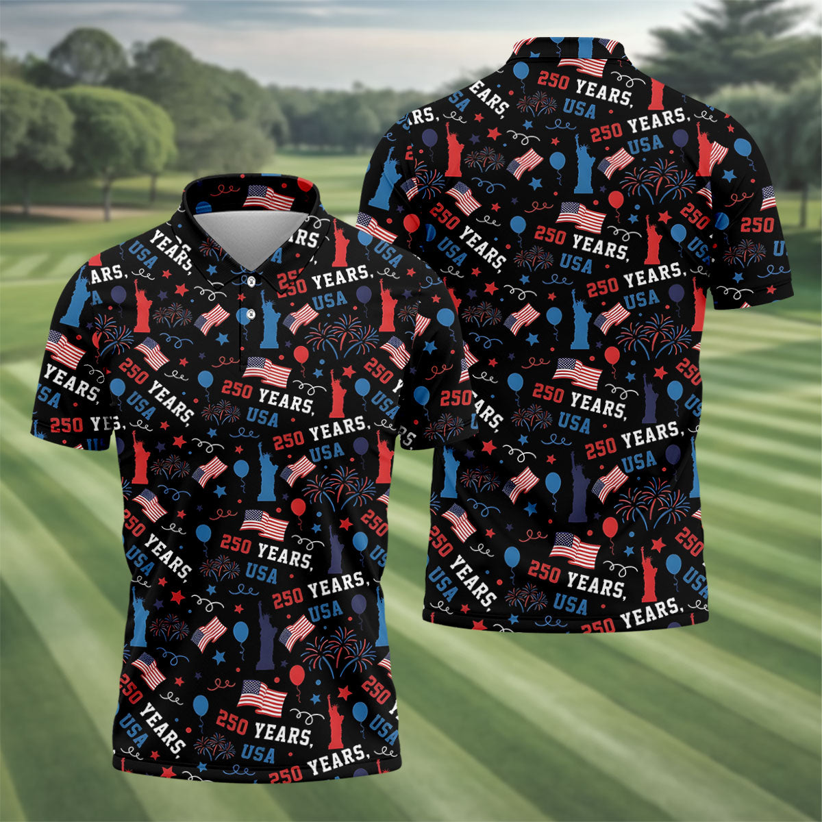 250 Years USA Red White Blue Seamless Pattern Black Golf Shirt, Patriotic 4th Of July Golf Shirts For Men