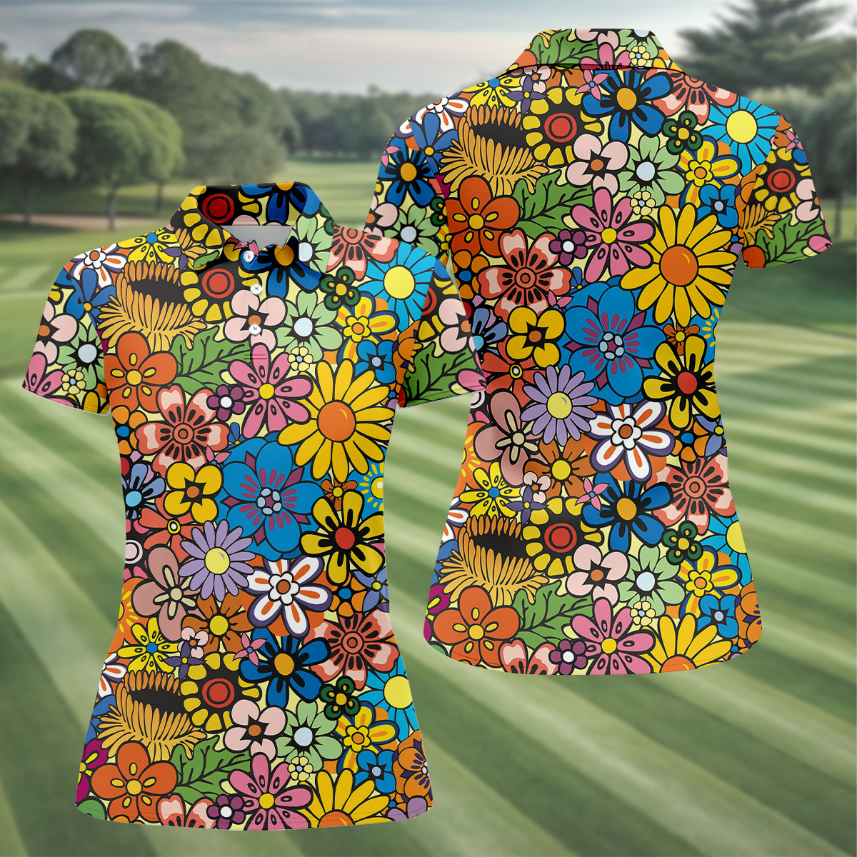 Multicolor Retro Flower Power Golf Shirt, Women’s Golf Tops, Hawaiian Golf Shirt, Golf Shirts For Women