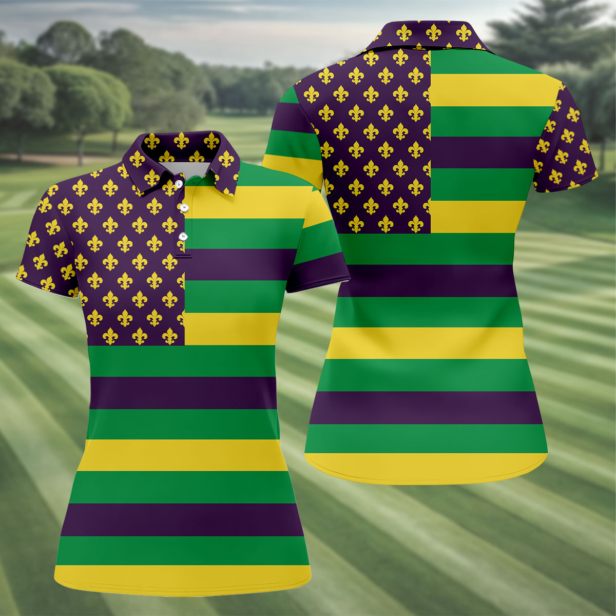 Mardi Gras Flags Fleur De Lis Purple Green Gold Ladies Golf Tops, Women's Golf Tops, Ladies Golf Polos