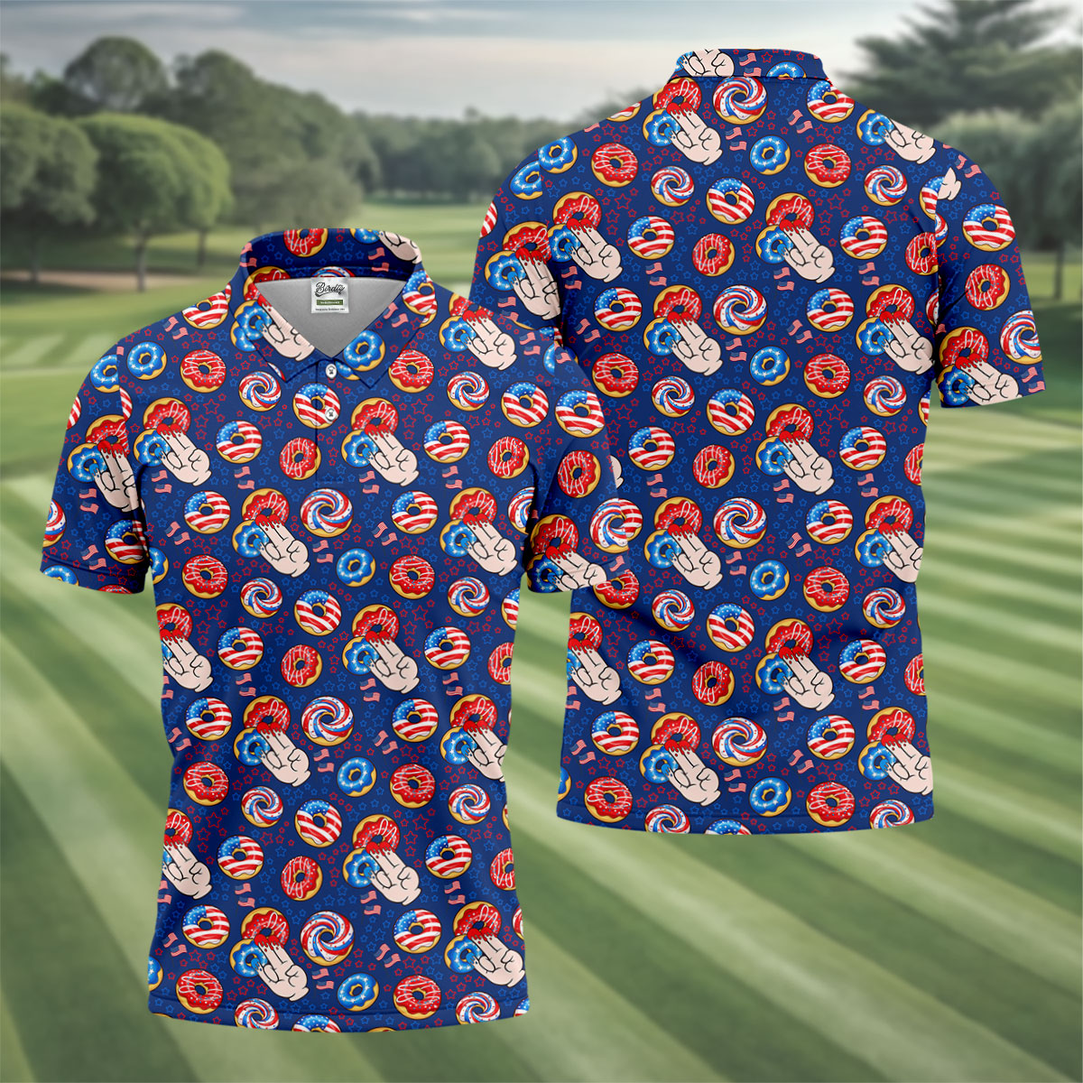 Donut Finger Funny Dirty American Flag Pattern Blue Golf Shirts For Men, 250th Anniversary Patriotic Golf Shirt