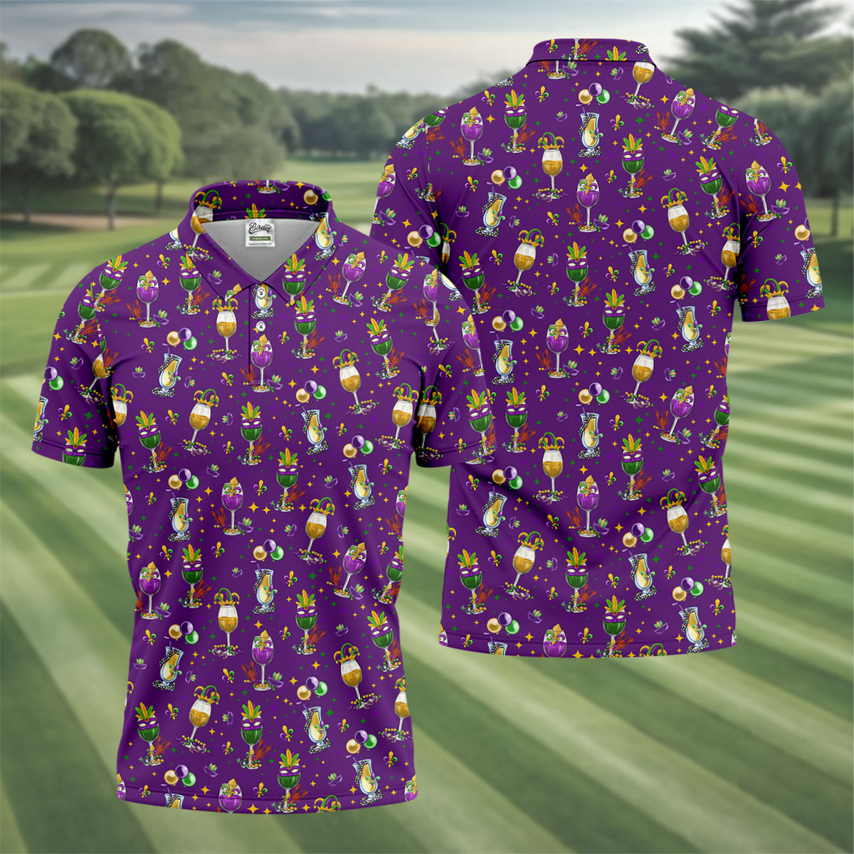 Mardi Gras Wine Glass Beaded Garland Fleur De Lis Purple Golf Shirt, Polo ShirtFor Men, Golf Shirts For Men