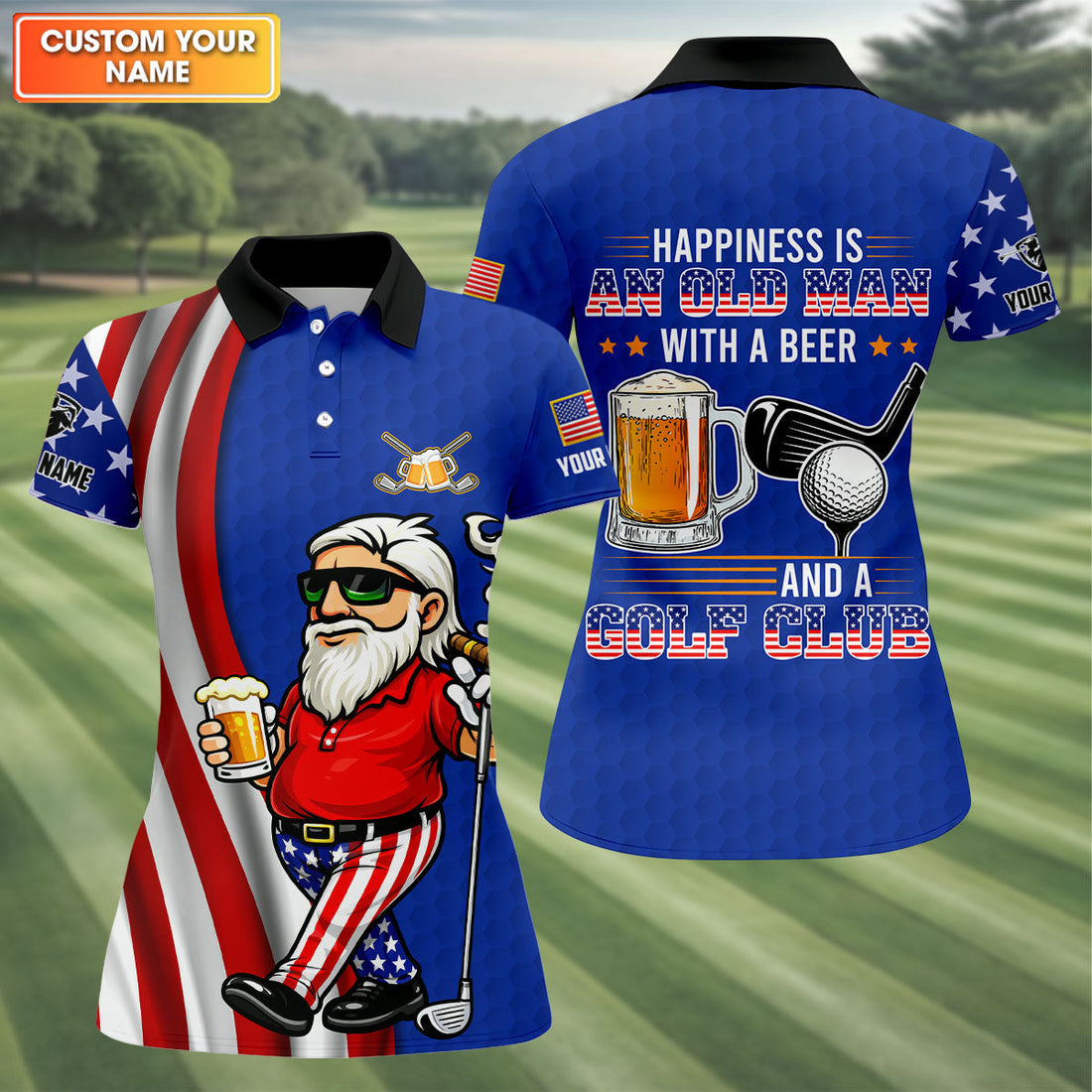 Happiness Is An Old Man With A Beer Funny 4th Of July Navy Golf Shirt, 250th Anniversary Women's Golf Tops
