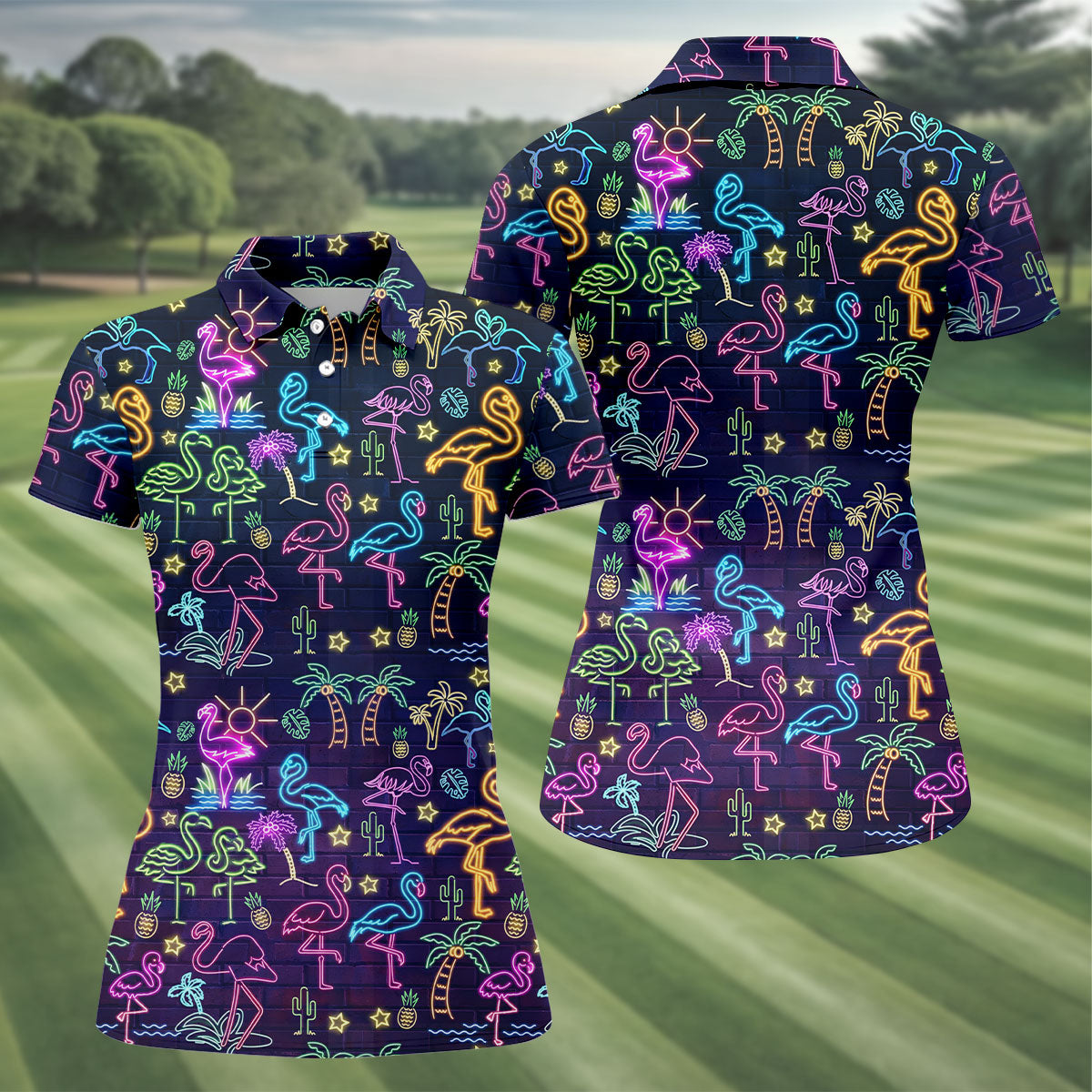 Neon Flamingo Tropical Night Golf Shirt, Women’s Golf Polo, Hawaiian Golf Shirt, Ladies Golf Tops