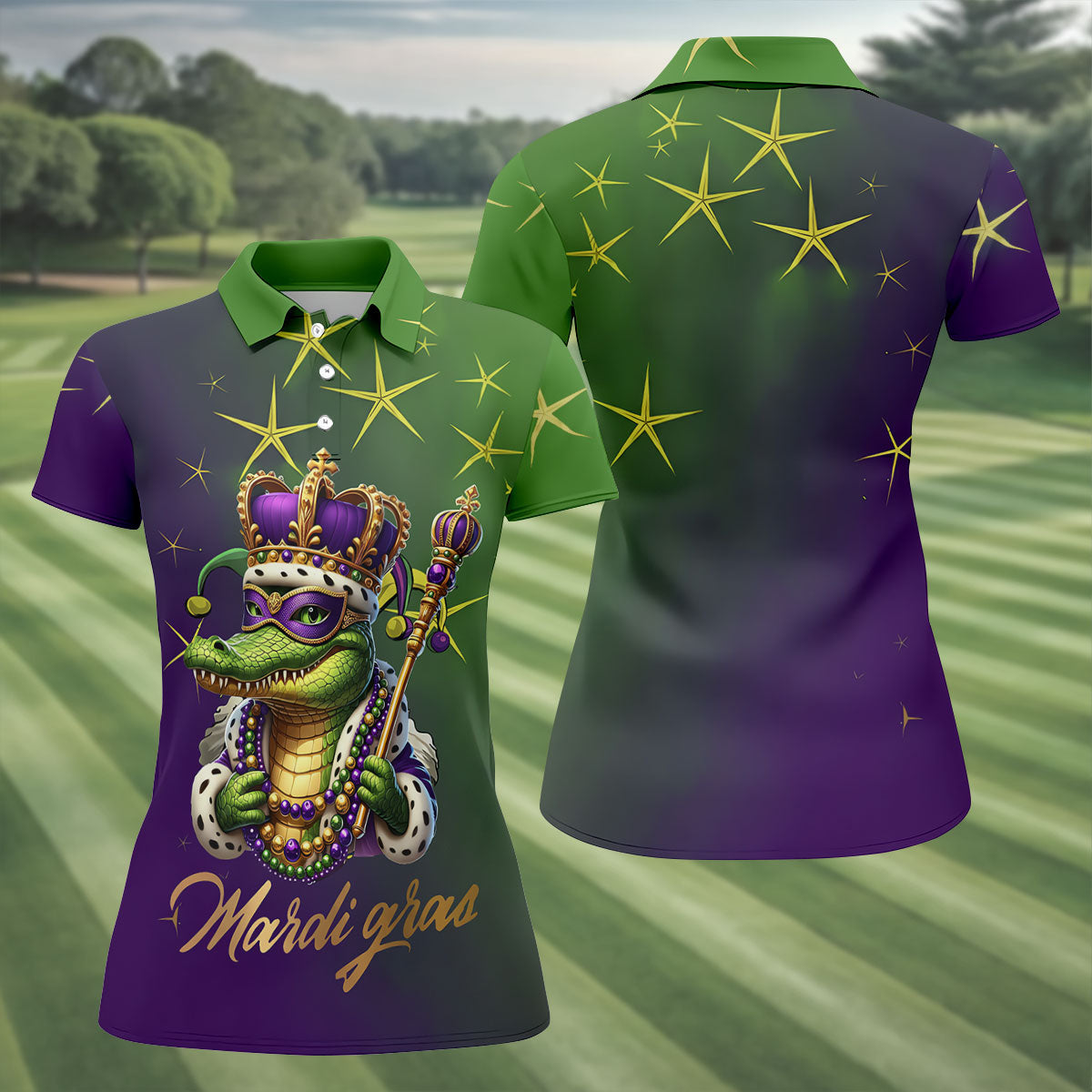 Mardi Gras Aligator Crown Mask Purple Green Gold Women's Golf Shirts, Women's Golf Tops, Ladies Golf Shirts