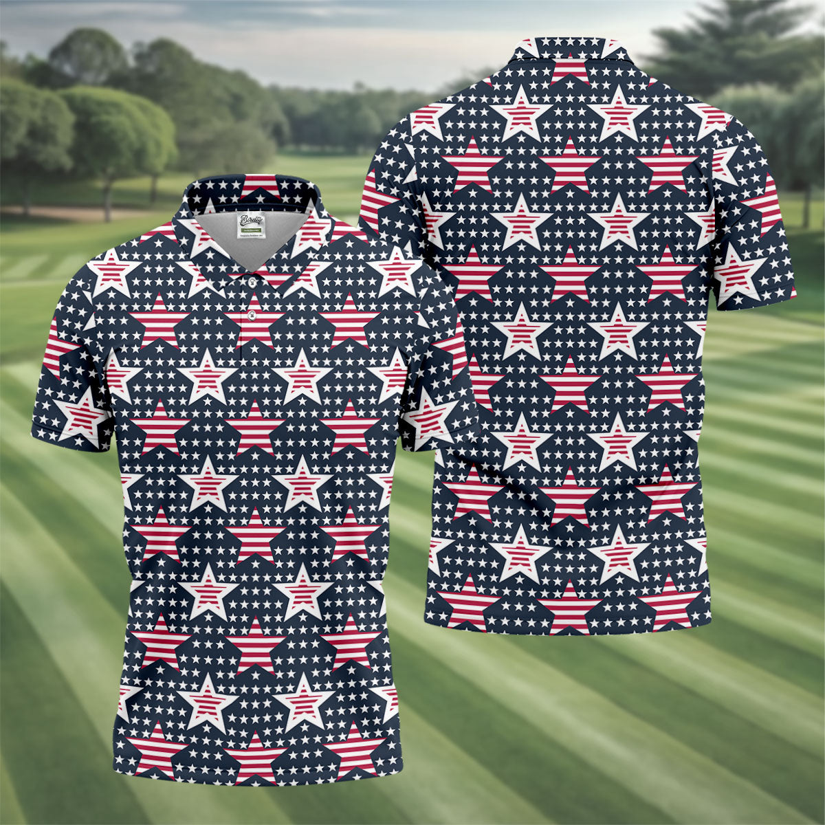 Red And White Stripe Stars Seamless Pattern 250th Anniversary Golf Shirts For Men, Patriotic Golf Shirt