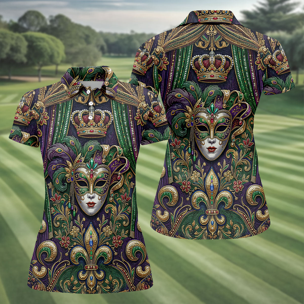 Fleur De Lis Floral Crown Mardi Gras Mask Print Women's Golf Tops, Ladies Golf Shirts, Ladies Golf Polos