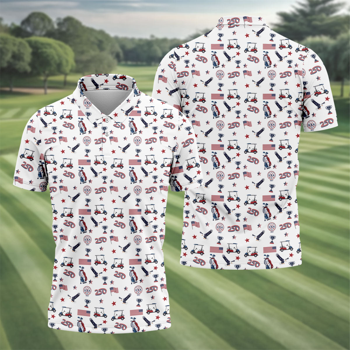 250 Years Golf Pattern Patriotic Golf Shirt, Golf Tops For Men, 4th Of July Golf Shirts For Men