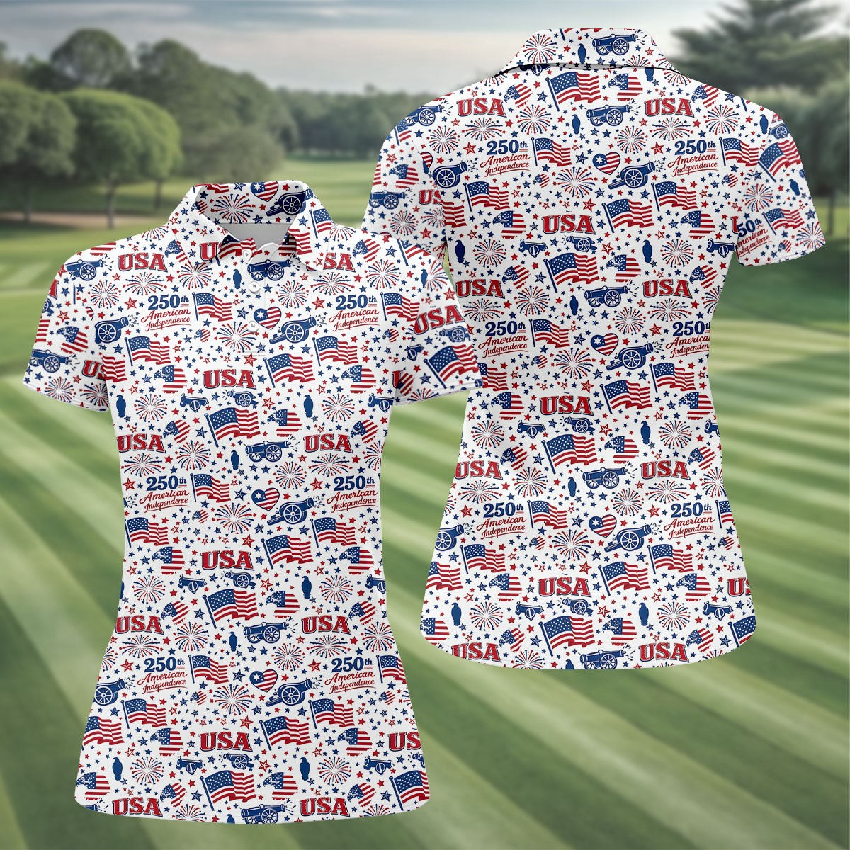 250th American Independence Red White Blue Ladies Golf Tops, Patriotic 4th Of July Golf Shirt For Women