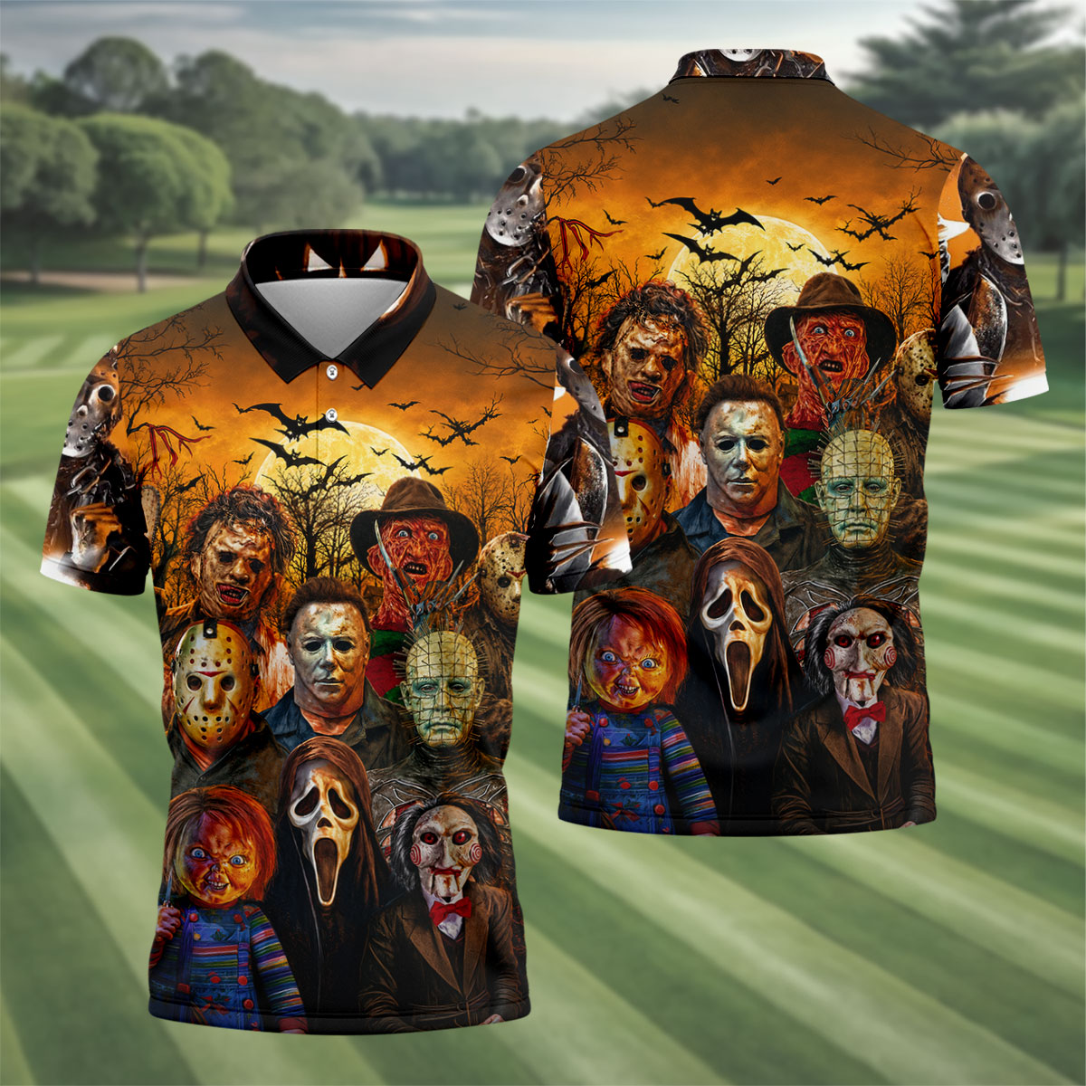 Halloween Horror Character Hawaiian Golf Shirt, Mens Golf Shirts, Golf Apparel For Men