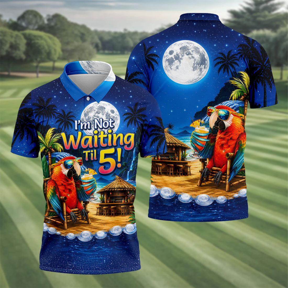 Parrot Drinking Cocktail Tiki Bar Not Waiting Til 5 Golf Shirt, Golf Shirts For Men, Hawaiian Golf Shirt, Mens Golf Apparel