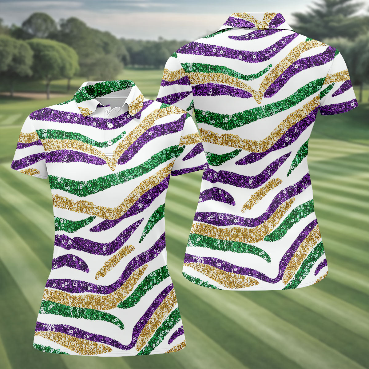 Purple Green Gold Sequin Pattern White Mardi Gras Golf Shirt, Women's Golf Tops, Ladies Golf Shirts