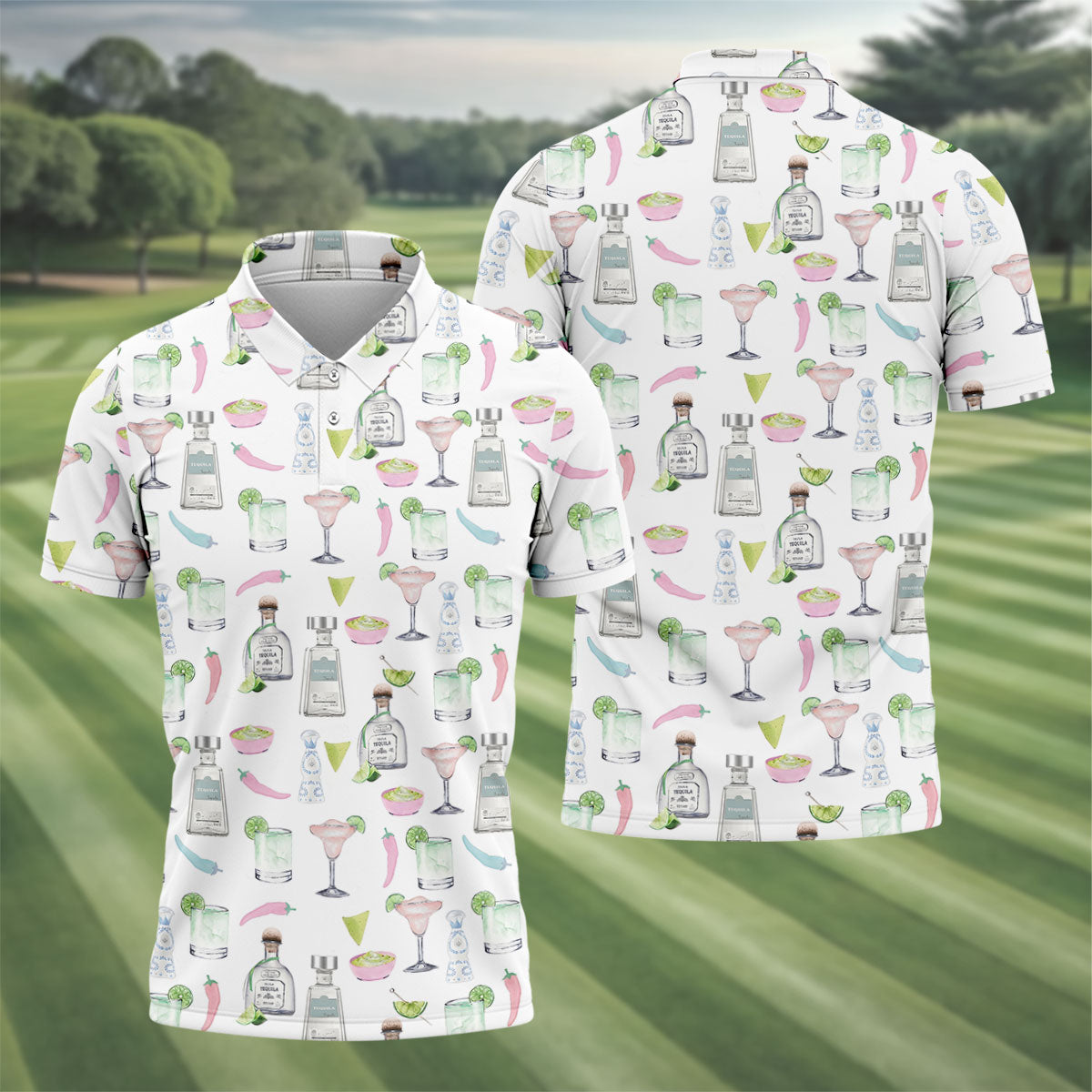 Pink Margarita Glass Tequila Lover Pastel Theme Golf Tops For Men, Polo Shirt Men, Golf Shirts For Men