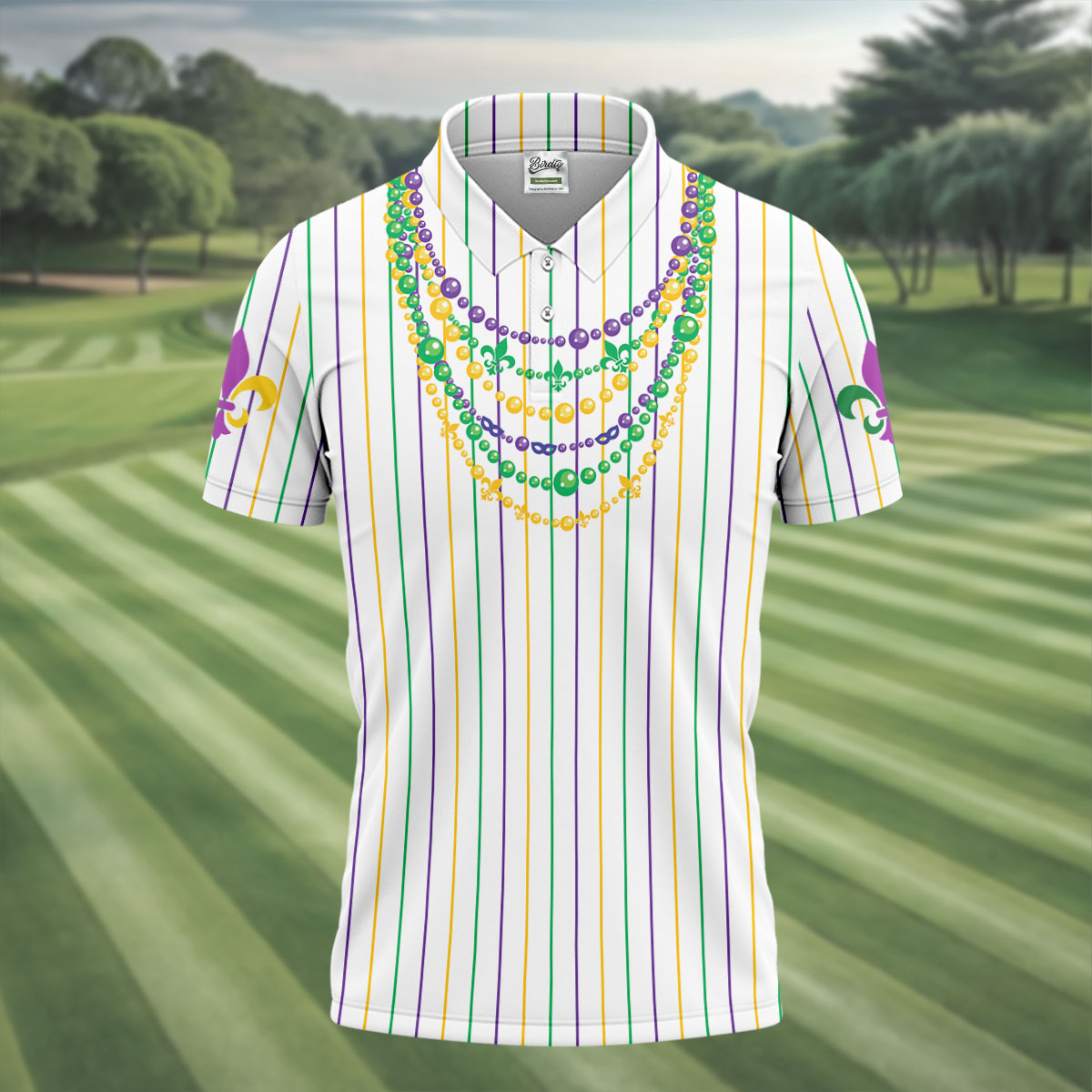 Mardi Gras Beads Necklaces Print White Golf Shirt, Golf Tops For Men, Polo ShirtFor Men, Golf Shirts For Men
