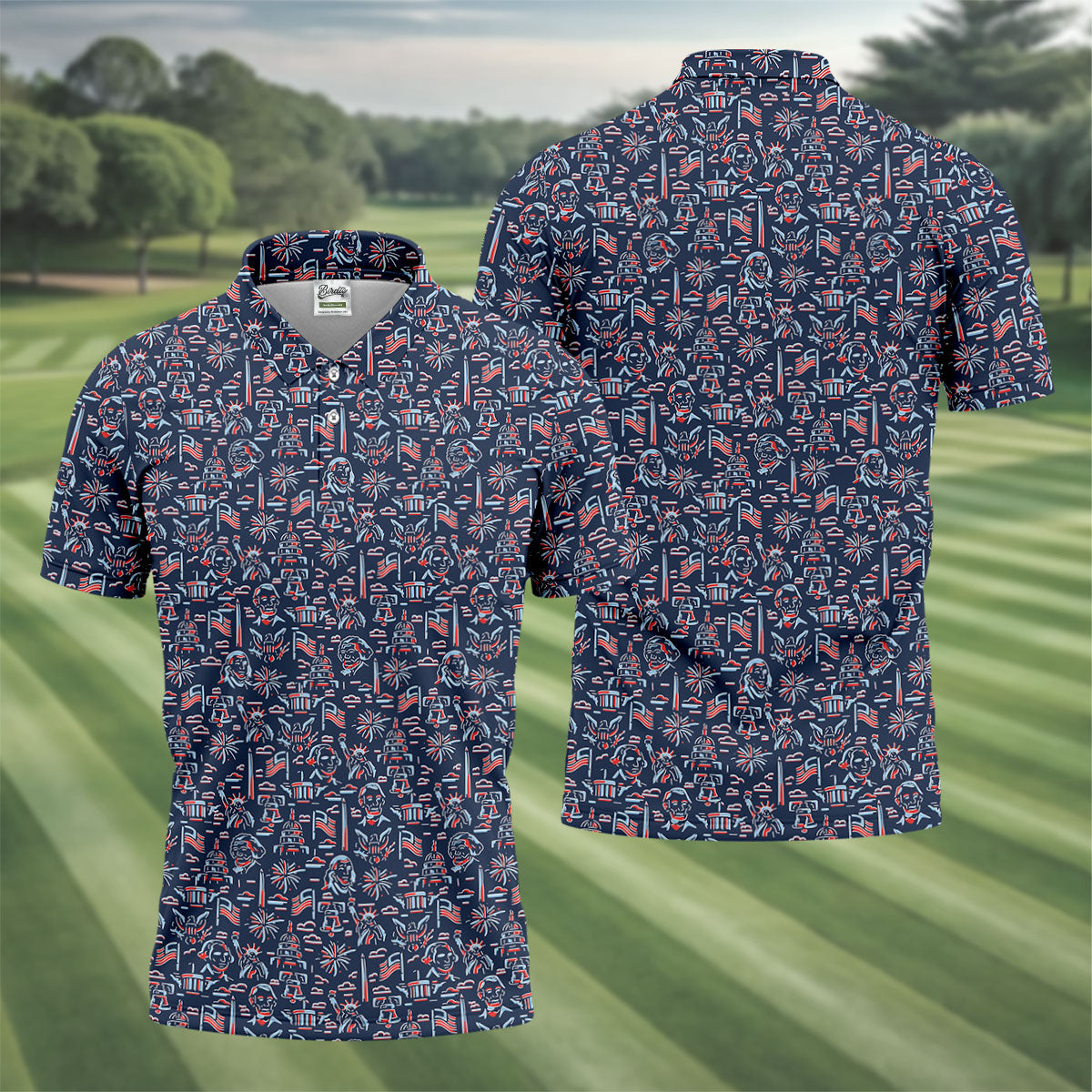 Red White Blue Outlined Patriotic American 250th Anniversary Navy Golf Shirt, 4th Of July Golf Shirts For Men