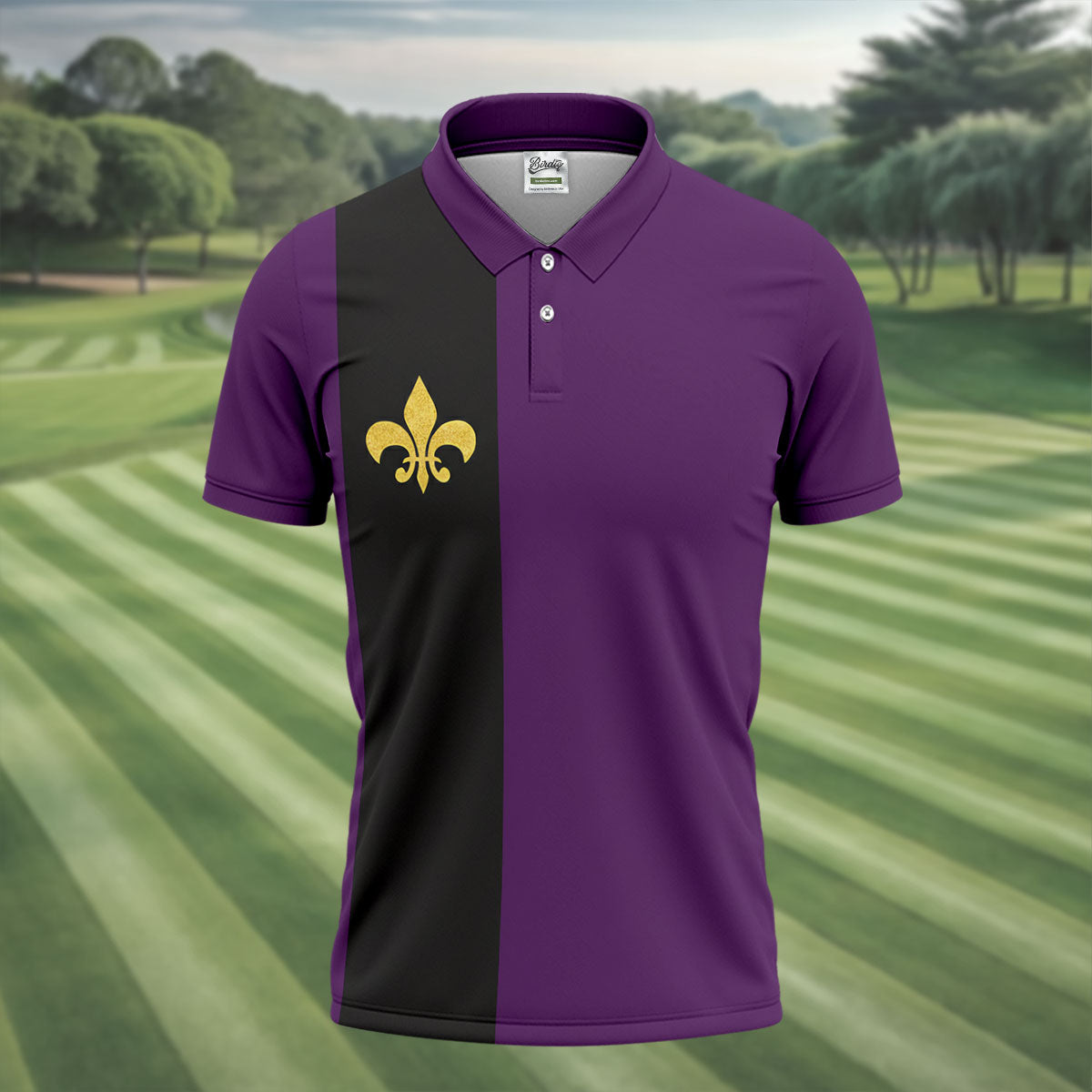 Mardi Gras Fleur De Lis Black Vertical Stripe Purple Golf Shirt, Polo ShirtFor Men, Golf Shirts For Men