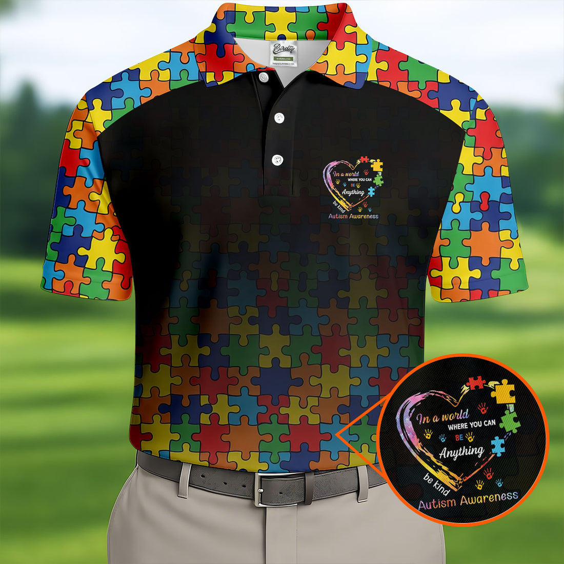 In A World Where You Can Be Anything Be Kind Autism Awareness Puzzle Pattern Black Fade Men's Golf Shirt