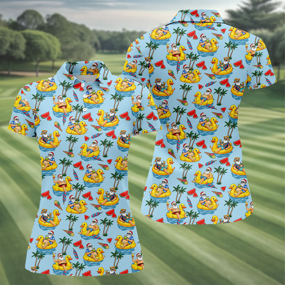 Women's Santa Duck Pool Float Hawaiian Golf Shirt, Christmas Golf Shirt, Women’s Golf Polo