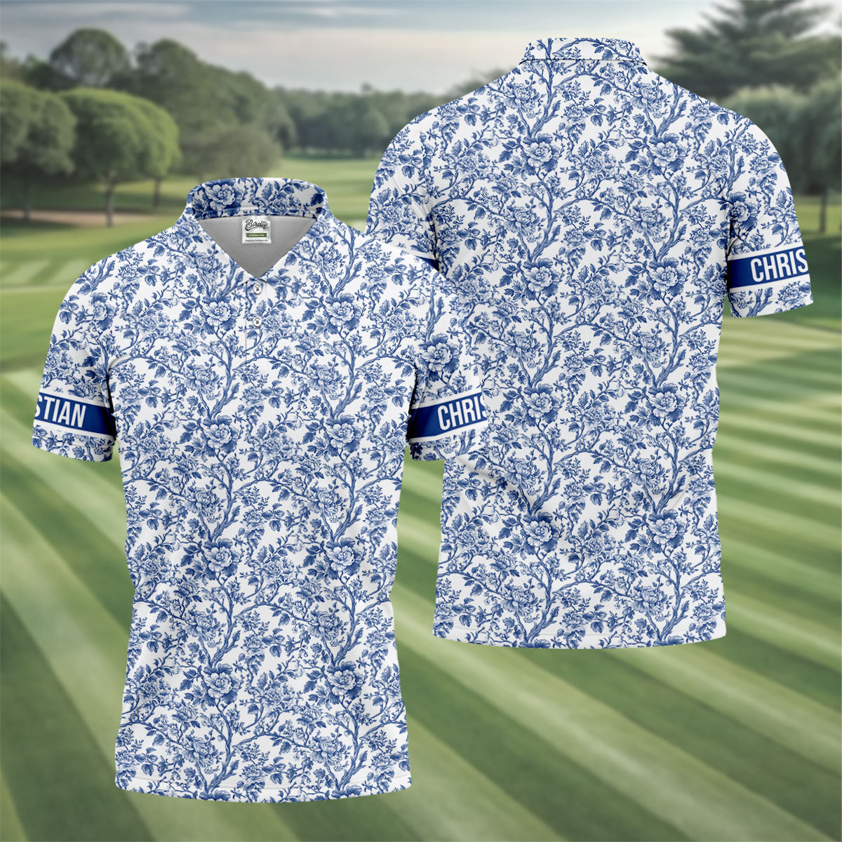 Toile De Jouy Blue Golf Shirt, Golf Tops For Men, Polo ShirtFor Men, Golf Gift For Men, Golf Shirts For Men