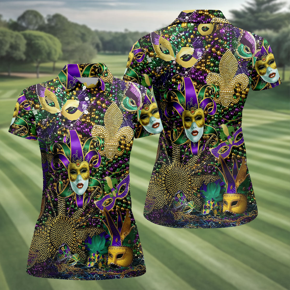Jester Mask Purple Green Gold Fleur De Lis Beads Mardi Gras Golf Shirt, Women's Golf Tops, Ladies Golf Shirt
