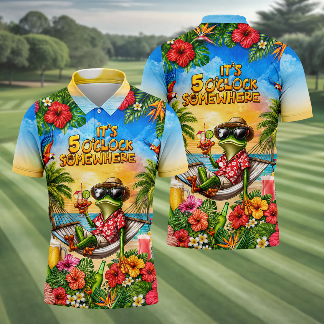Frog Hammock 5 Oclock Somewhere Tropical Golf Shirt, Golf Shirts For Men, Mens Golf Apparel