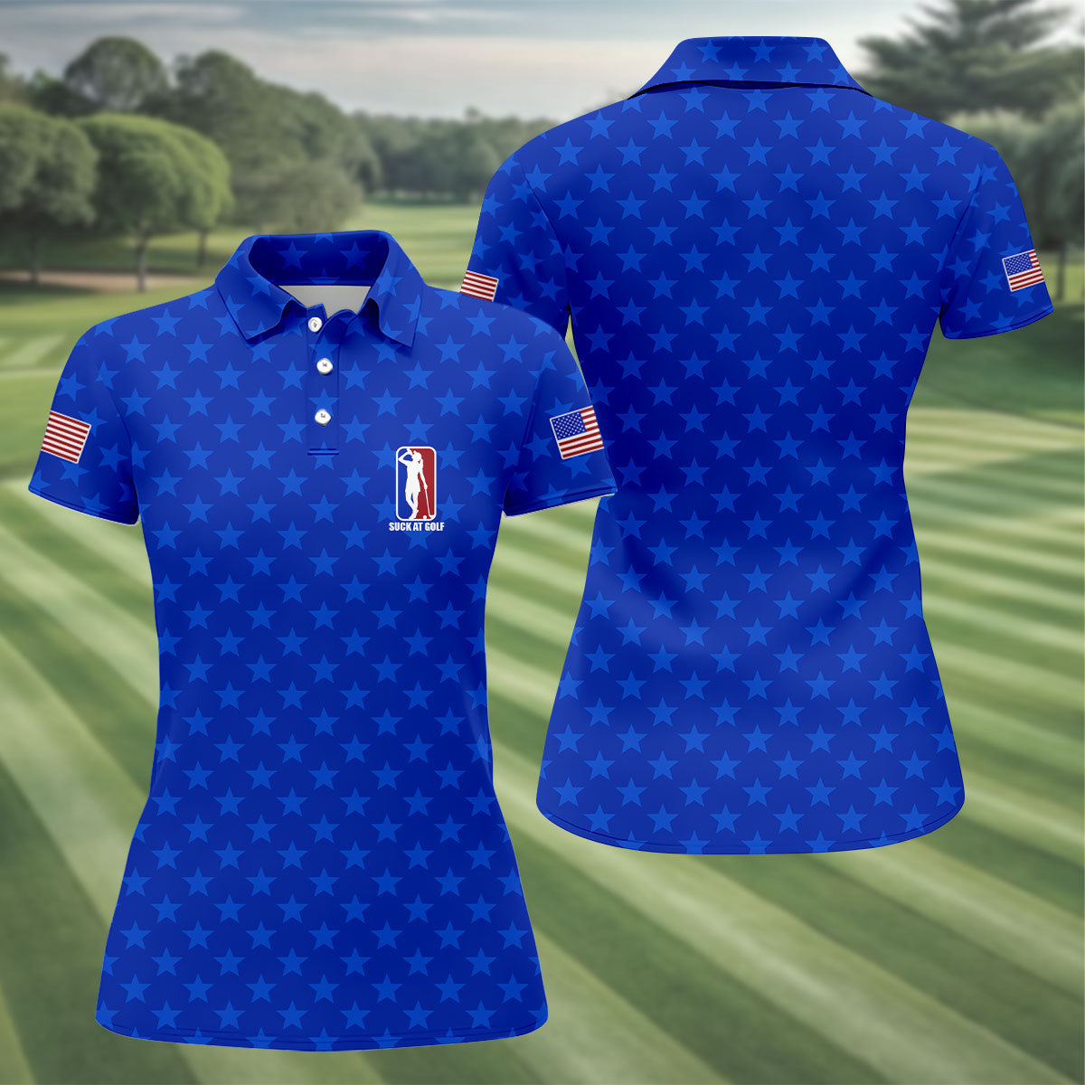 Suck At Golf Patriotic 4th Of July Stars Pattern Blue Golf Shirt, 250th Anniversary Golf Shirt For Women