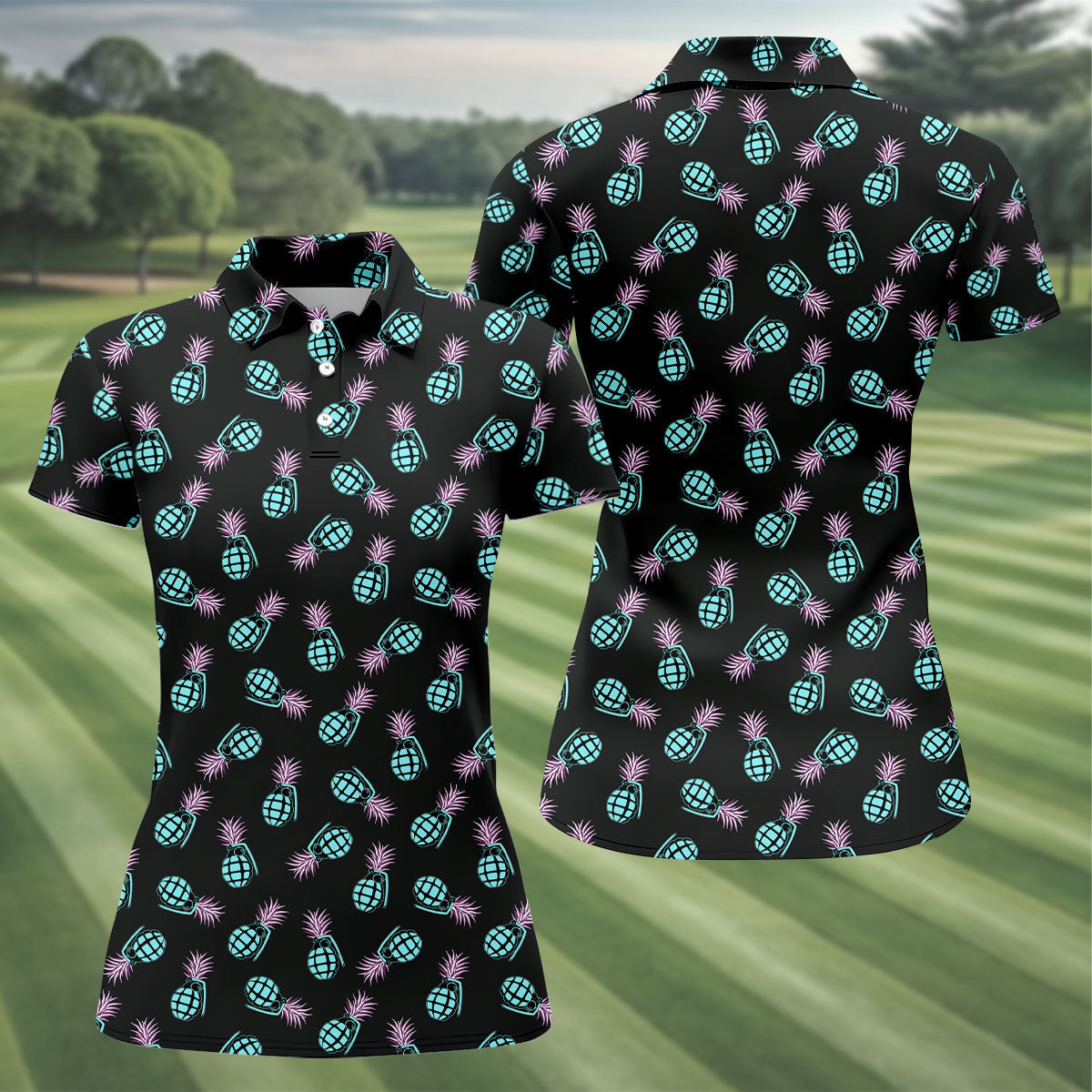 Grenade Pineapple Tropical Golf Shirt, Fun Women's Golf Shirts, Ladies Golf Shirts, Golfing Apparel