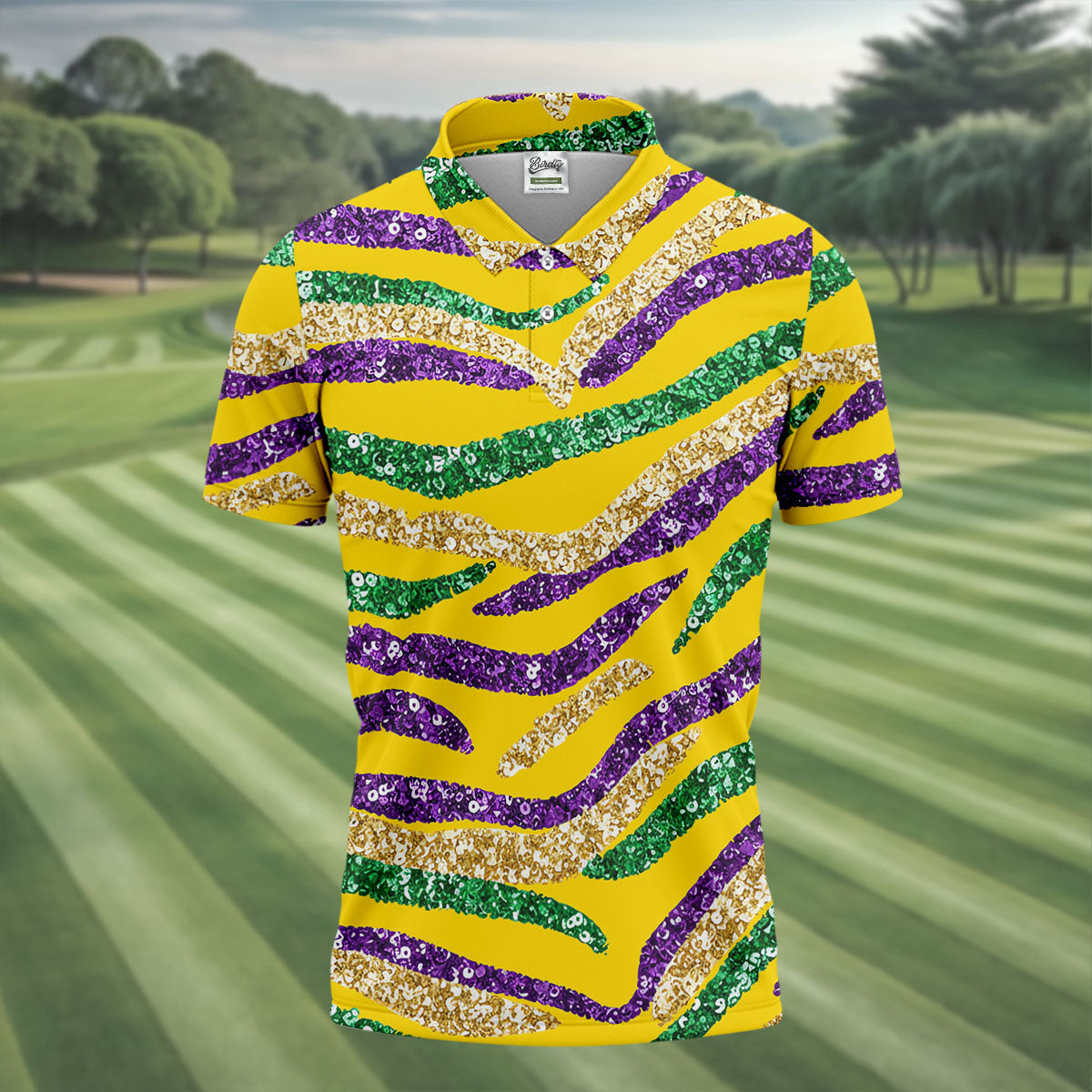 Purple Green Gold Sequin Pattern Yellow Golf Shirt, Mardi Gras Golf Shirt, Polo ShirtFor Men