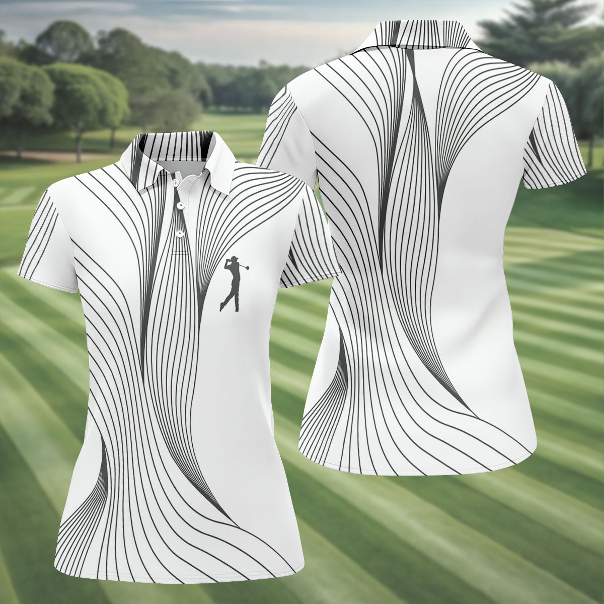 Geometric Line Wavy Line Black And White Women's Golf Tops, Ladies Golf Shirts, Women's Polo Shirt