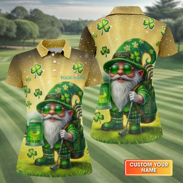 Happy St Patrick's Day Shamrock Gnome Golf And Beer Women's Golf Tops, Ladies Golf Polos