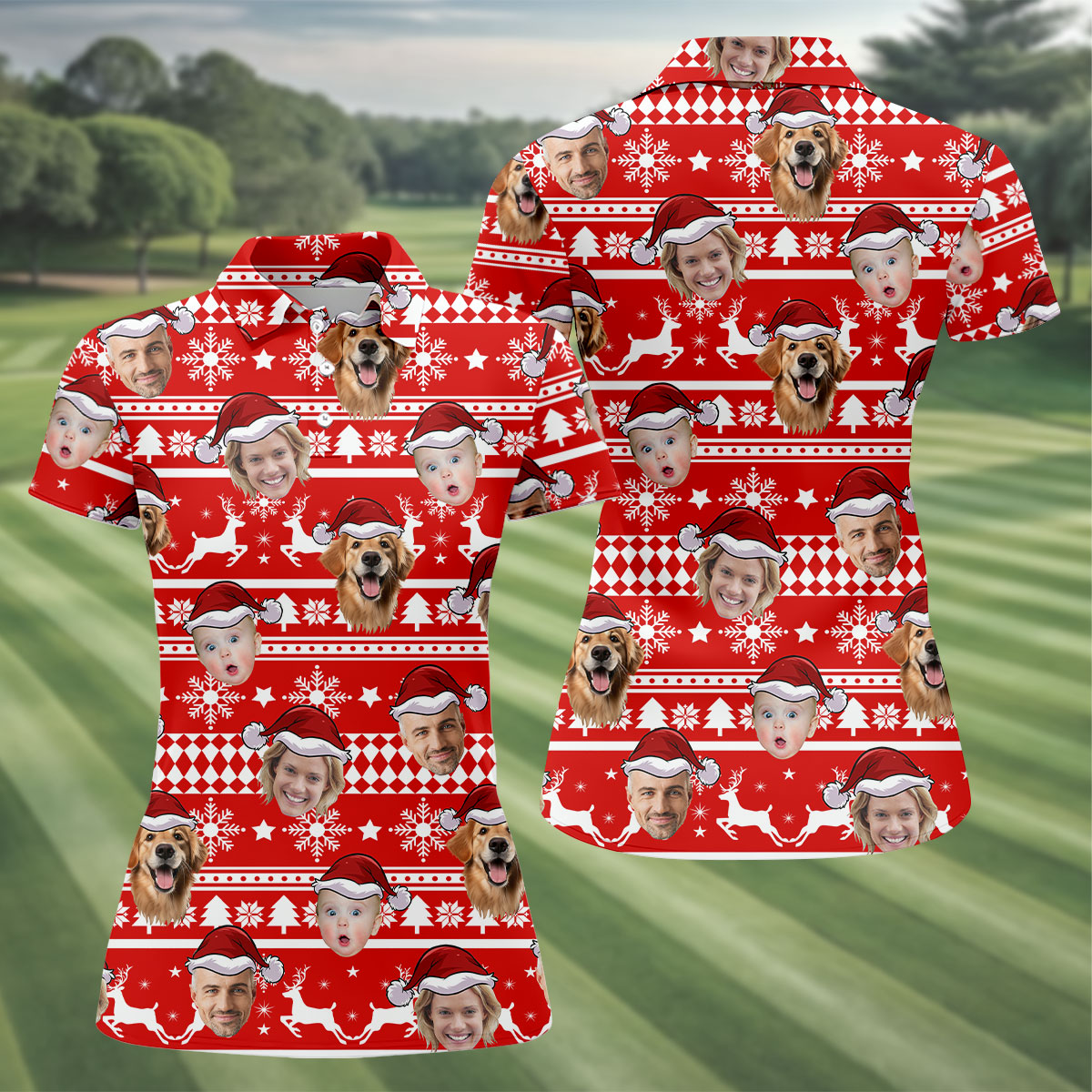 Custom Face Red And White Christmas Women's Golf Tops, Ladies Golf Shirts, Christmas Golf Gift