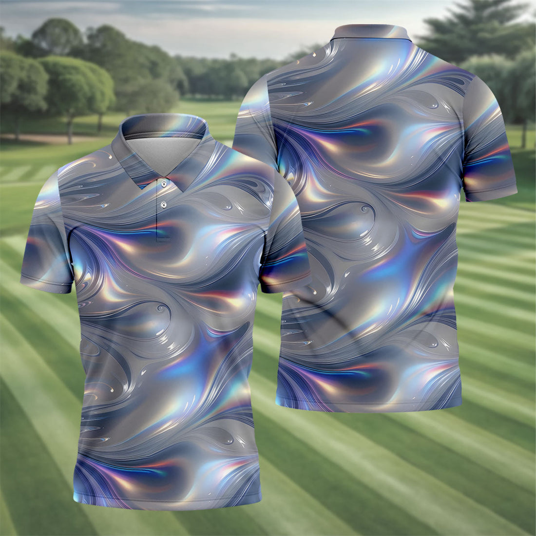 Silver Marble Golf Shirt, Futuristic Holographic Wave Pattern, Golf Shirt For Men