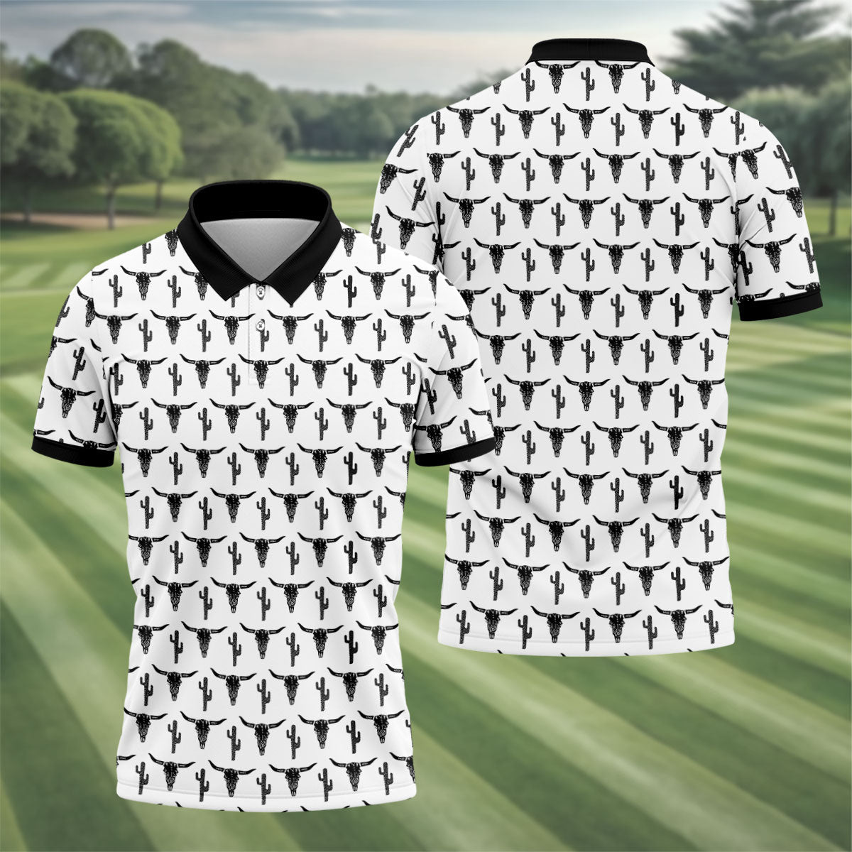 Longhorn Cow Skull Western Theme White Golf Tops For Men, Polo Shirtor Men, Golf Shirts For Men