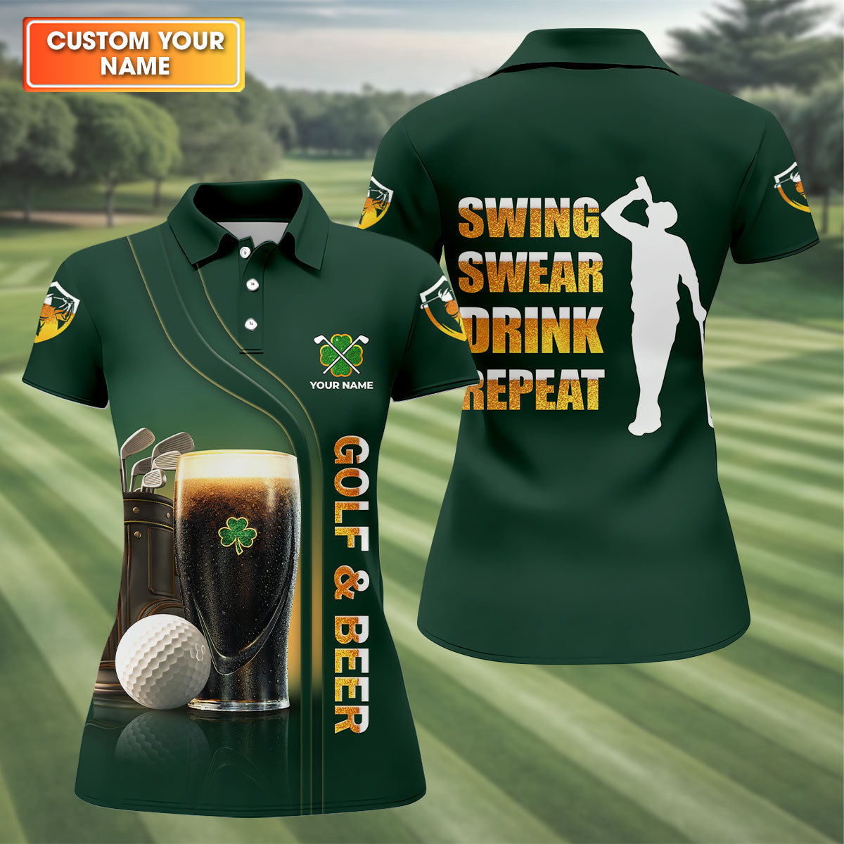 Swing Swear Drink Repeat Golf And Beer St Patrick's Day Green Women's Golf Tops, Ladies Golf Polos