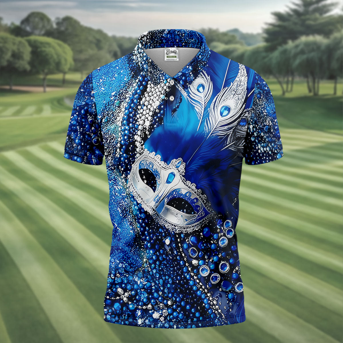 Mardi Gras Masquerade Mask Feather Beads Blue Golf Shirt, Polo ShirtFor Men, Golf Shirts For Men