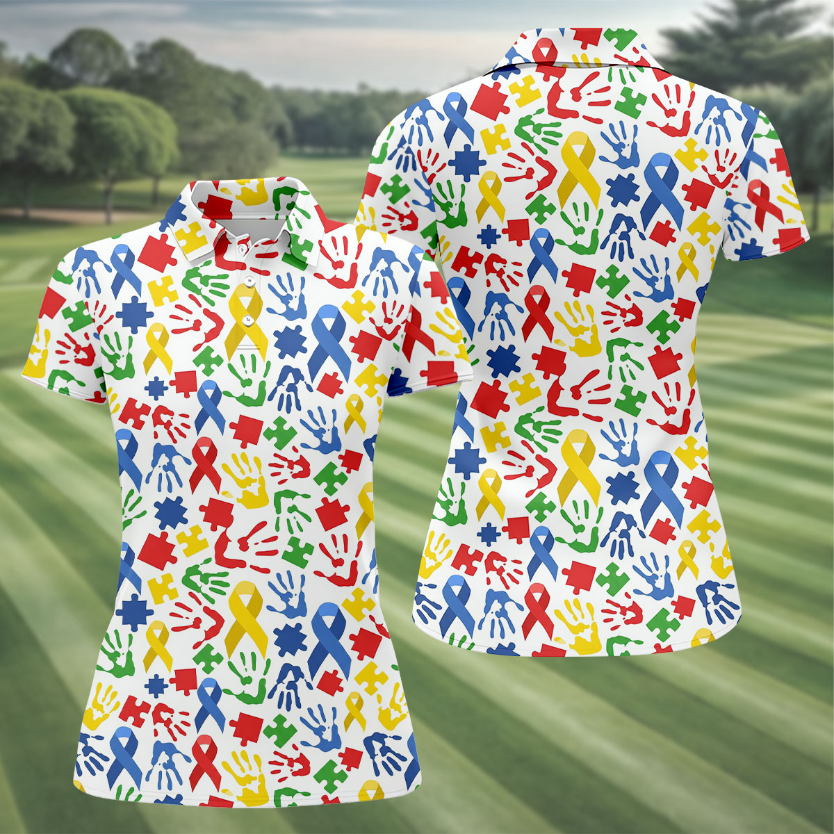 Autism Ribbon Colorful Puzzle Pieces Handprints Ladies Golf Shirts, Golf Shirt For Women, Ladies Golf Polos