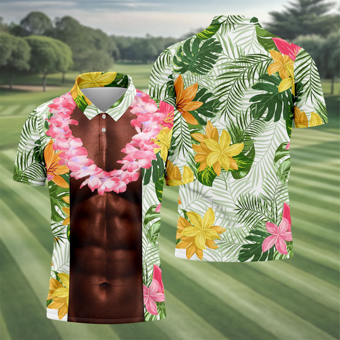 Dark Skin Tropical Muscle Chest Hawaiian Golf Polo Shirt, Polo Shirts For Men, Mens Golf Apparel