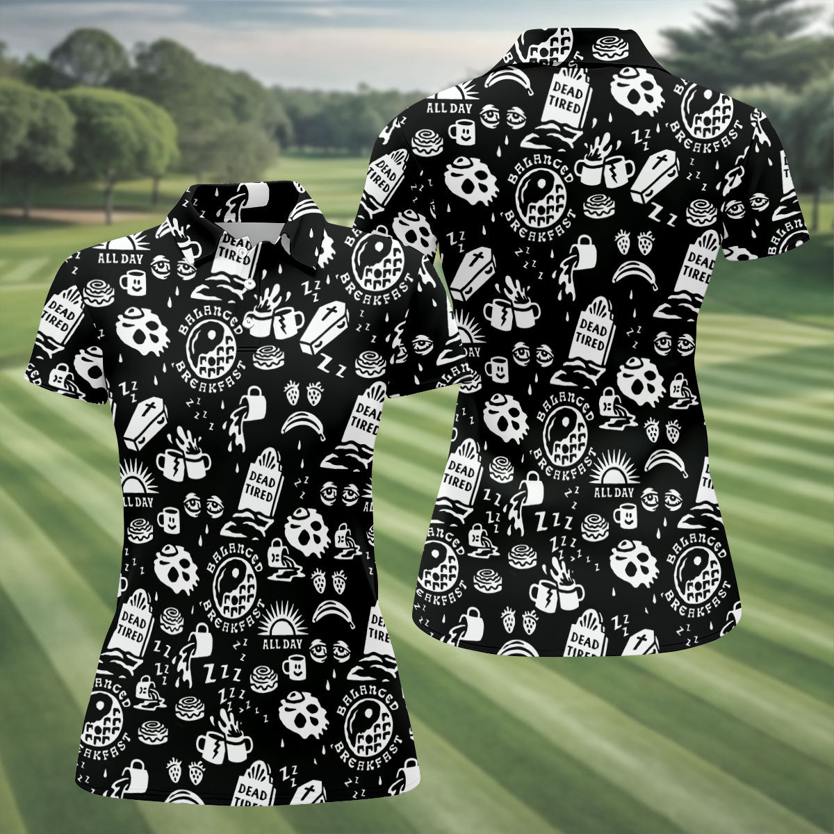 Dead Tired Coffee Breakfast Pattern Golf Shirt, Women's Golf Tops, Golf Shirts For Women