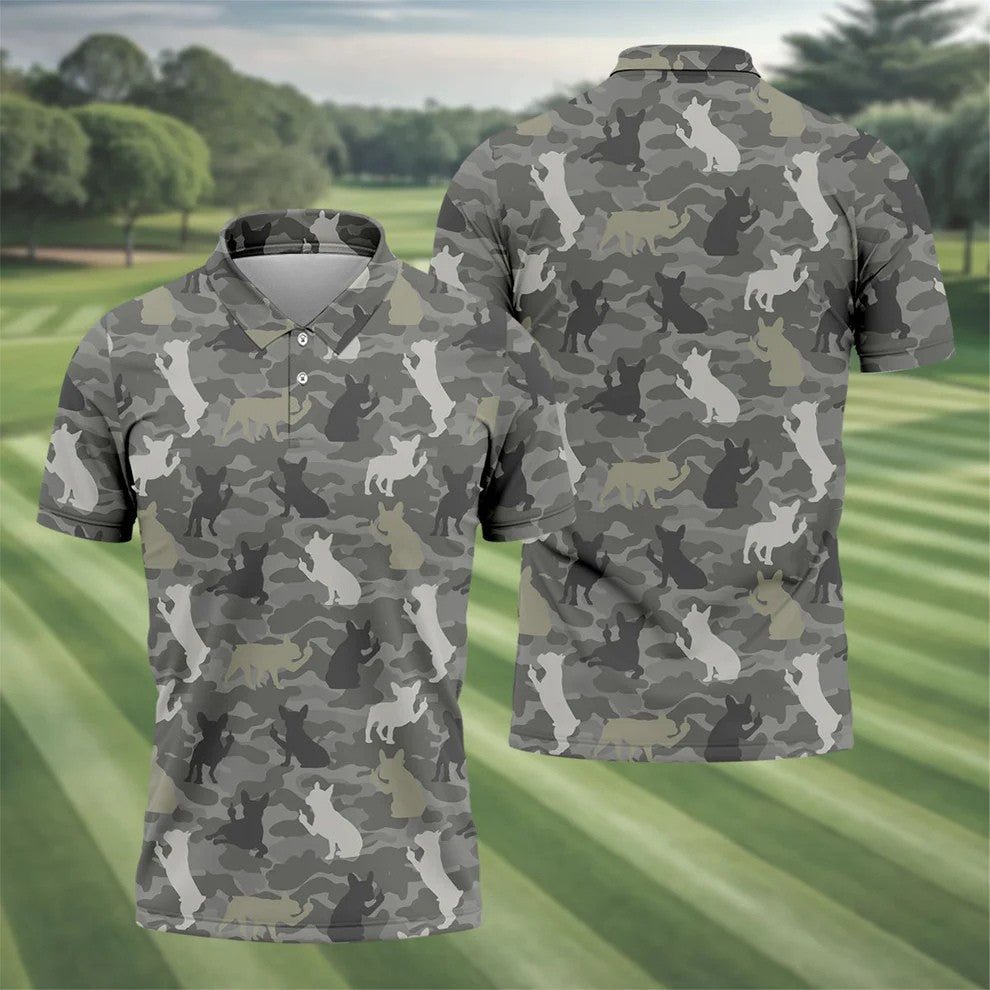 Grey Camo French Bulldog Pattern Golf Shirt, Mens Polo Shirt, Golf Shirts For Men, Performance Golf Shirt