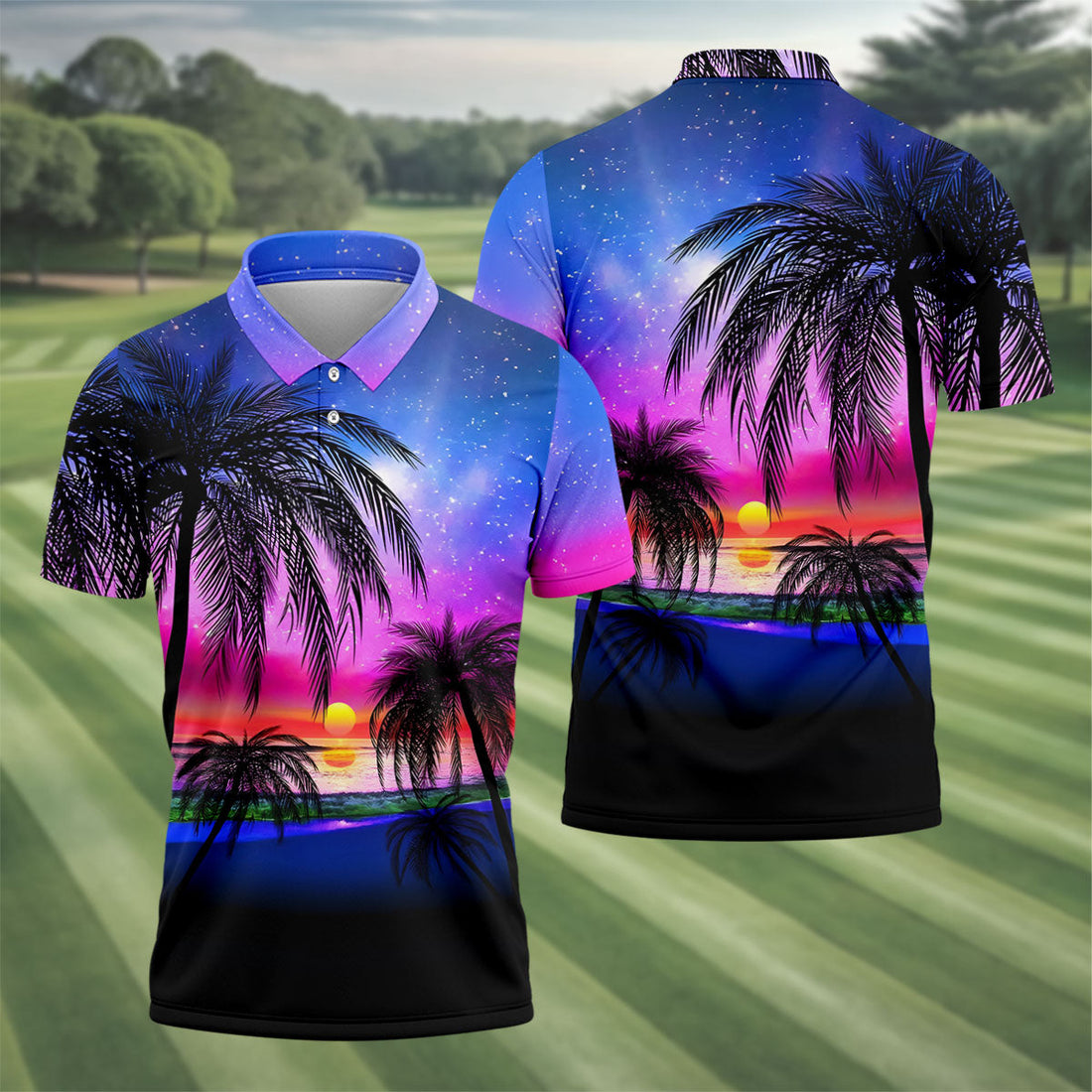 Palm Tree Beach Sunset Golf Shirt, Mens Golf Polo, Printed Golf Shirts, Golf Apparel For Men