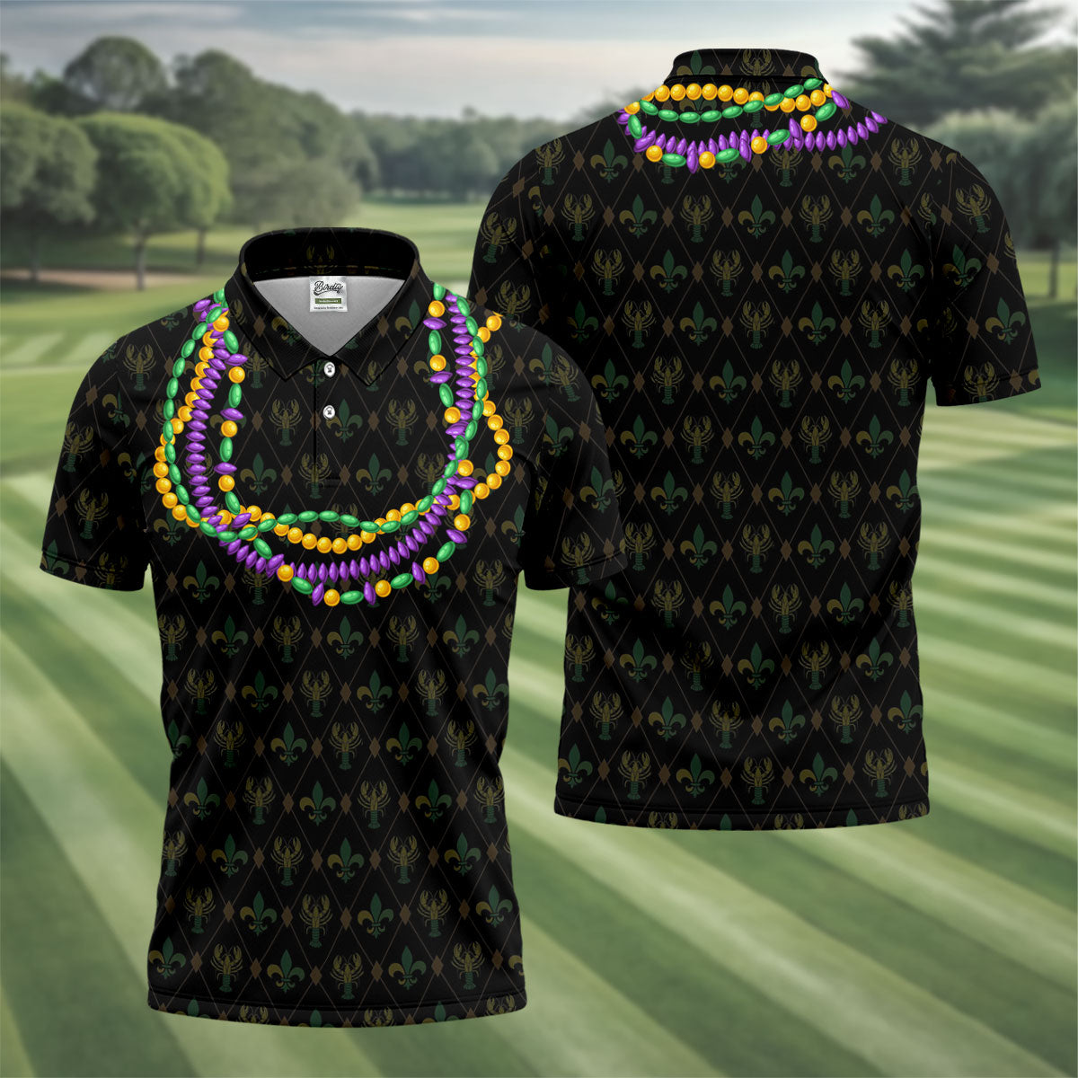 Mardi Gras Beads Chain Crawfish Fleur De Lis Black Golf Shirt, Polo ShirtFor Men, Golf Shirts For Men