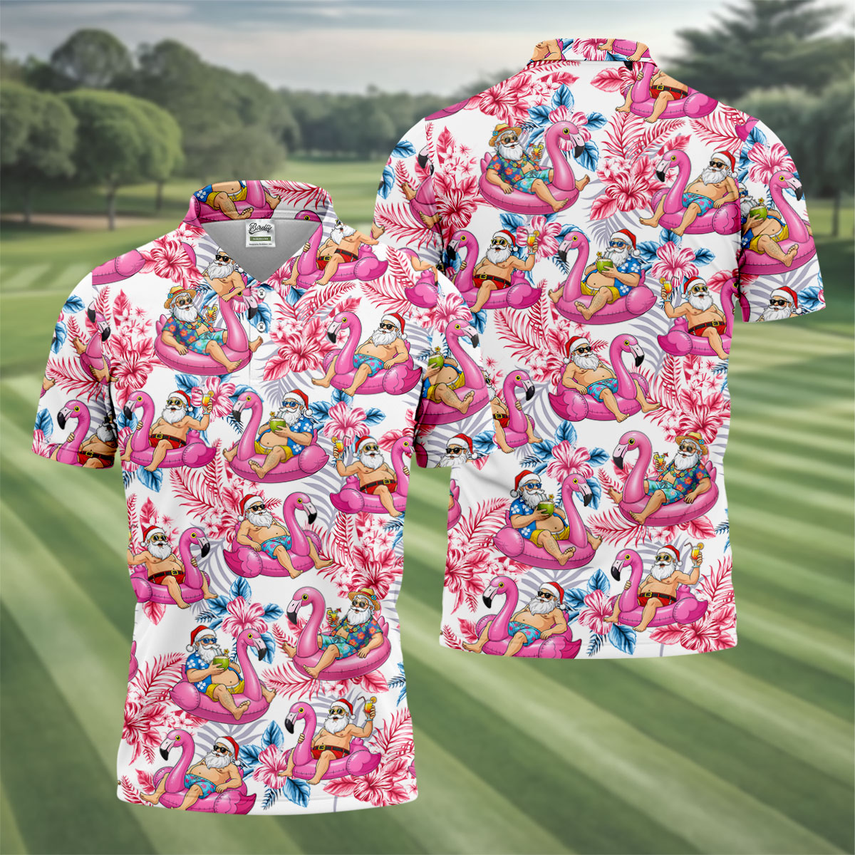 Santa Flamingo Float Tropical Christmas Golf Shirt, Christmas Hawaiian Shirt, Christmas Golf Shirt