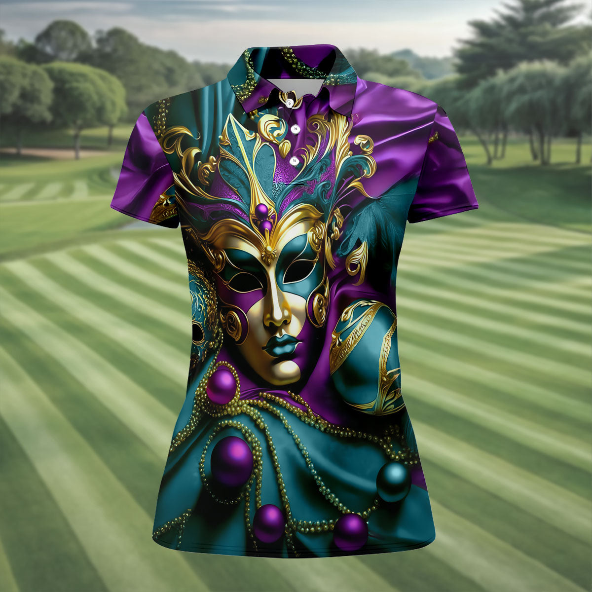 Mardi Gras Face Mask Turquoise Golf Shirt, Women's Golf Tops, Ladies Golf Polos, Women's Polo Shirt