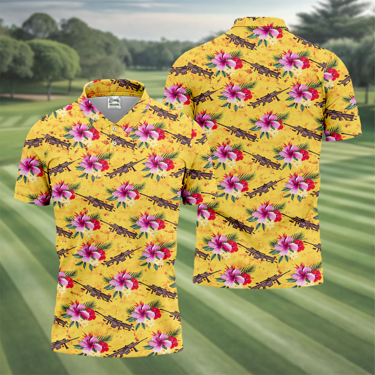 Floral Pattern Army Theme Hawaiian Yellow Golf Shirt, Men's Golf Polo Shirtlf Shirts For Men